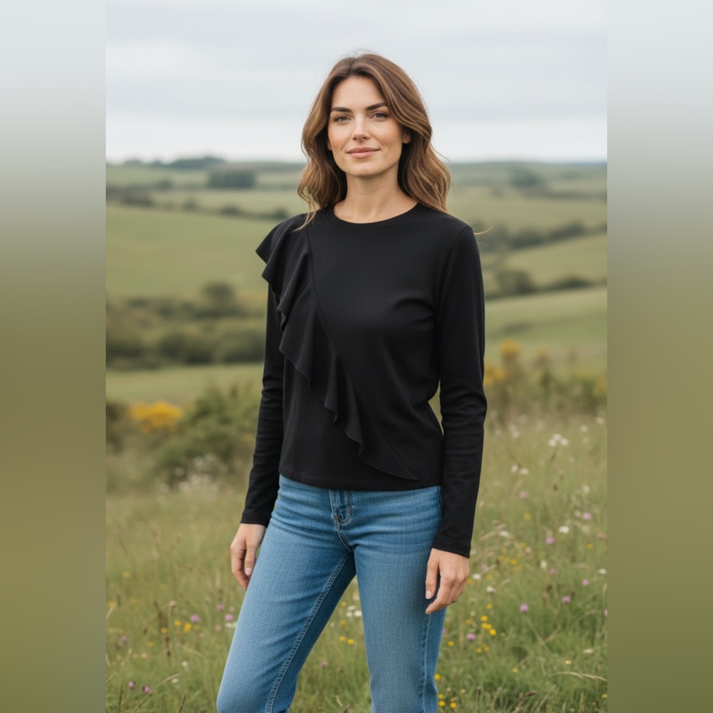 Nation Black Long Sleeve Ruffle Top